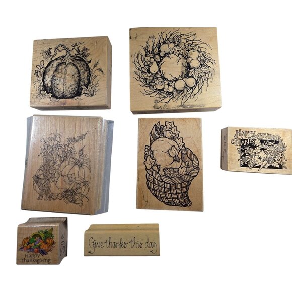 Thanksgiving Wooden Rubber Stamp Set With Pumpkins Wreaths Seasonal Greetings - Picture 1 of 12